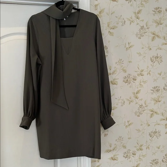 Ganni Olive Green Long Sleeve Tie-Neck Dress size 6 with detachable scarf - Picture 4 of 5